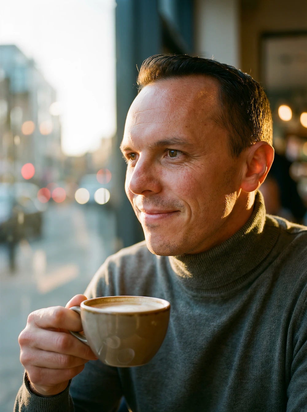 Alexander Vanwynsberghe aan het raam van een koffiebar, met een kop koffie in de hand. Hij kijkt glimlachend naar buiten.