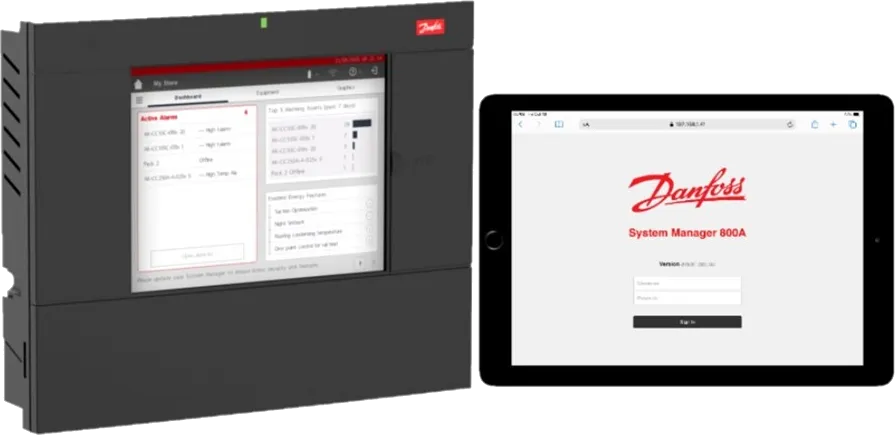 De Danfoss AK-SM 800A: een systeembeheerder met touchscreen, en de aanmeldpagina van de webinterface op een tablet.